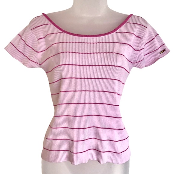 Y2K Tommy Hilfiger Rib Knit Pink Striped Tee Vintage 90s Size Medium - Picture 2 of 9